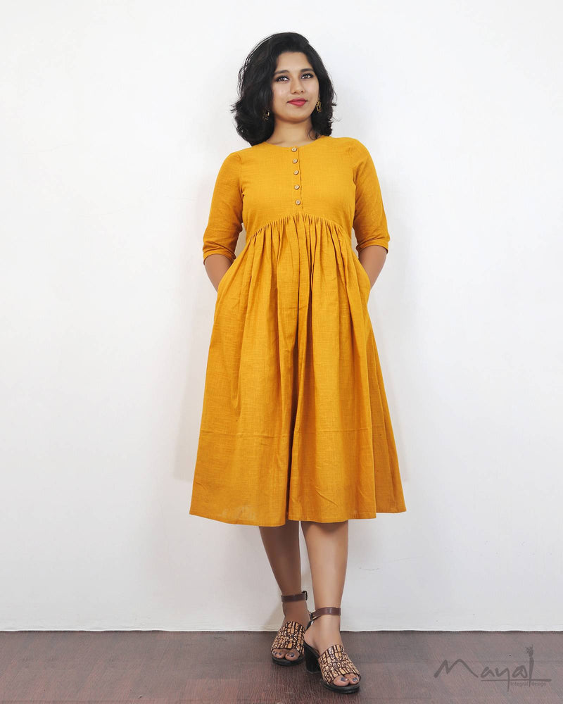 Fire Yellow Fit and Flare Cotton Dresses