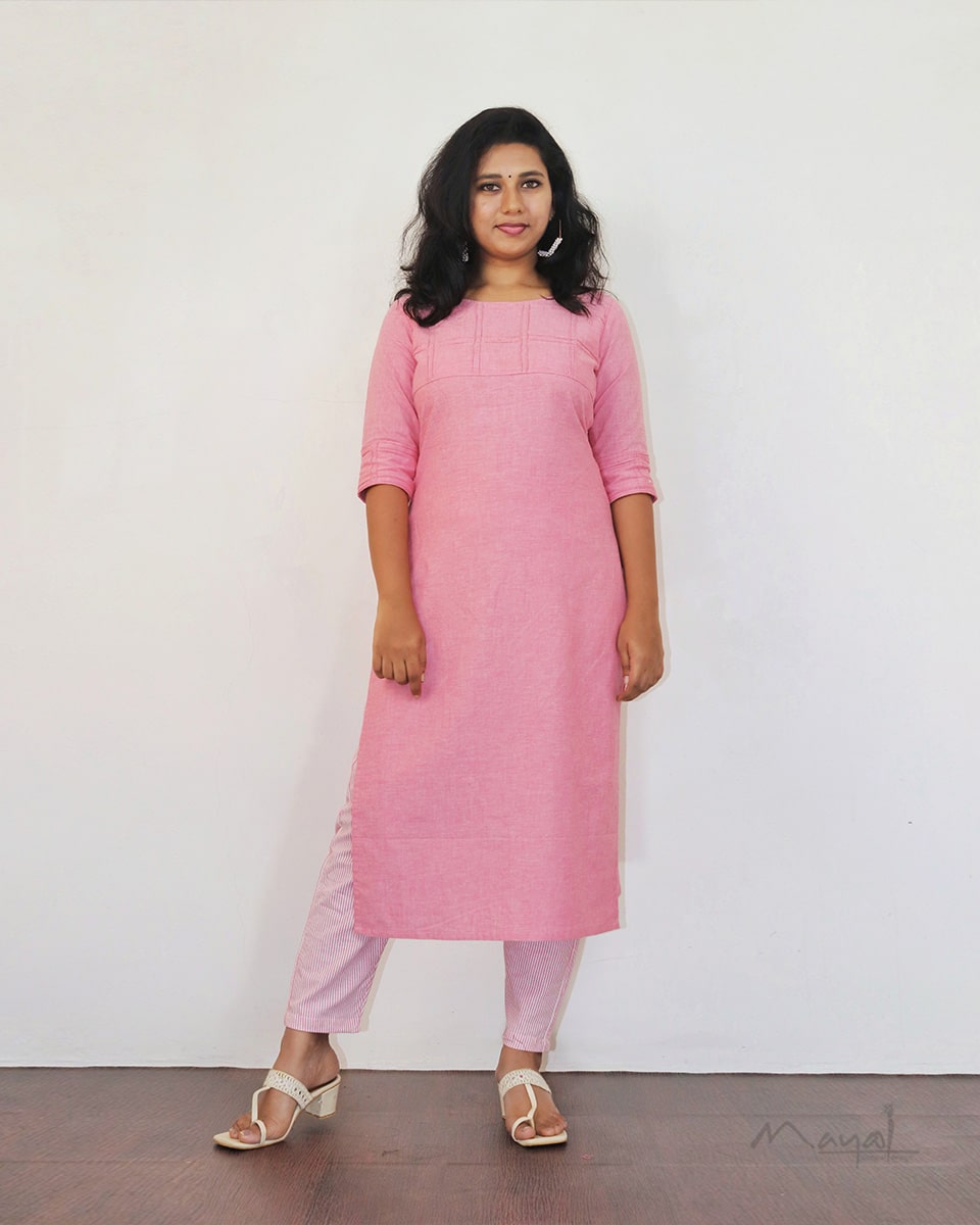 Flamingo Pink Self Stitched Cotton Kurta
