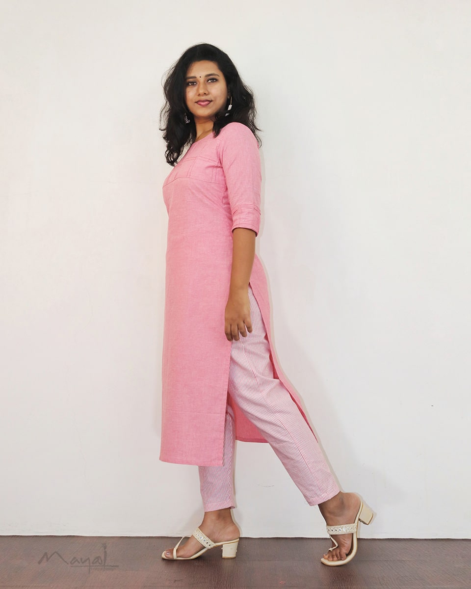 Flamingo Pink Self Stitched Cotton Kurta