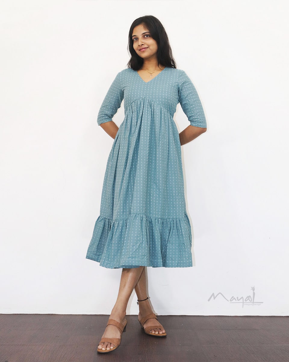 Frost Blue Self Design Two Tier Cotton Dresses