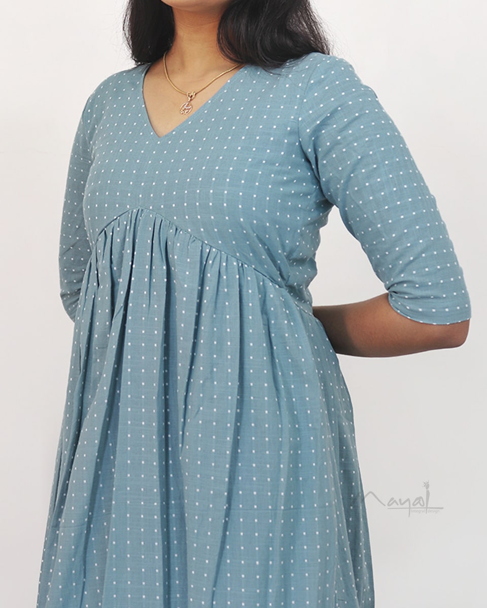Frost Blue Self Design Two Tier Cotton Dresses