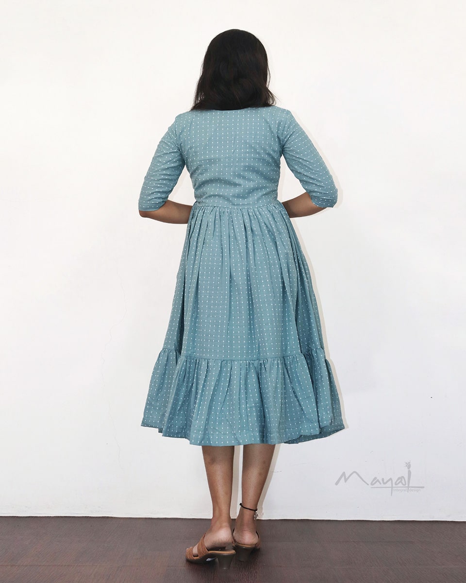 Frost Blue Self Design Two Tier Cotton Dresses