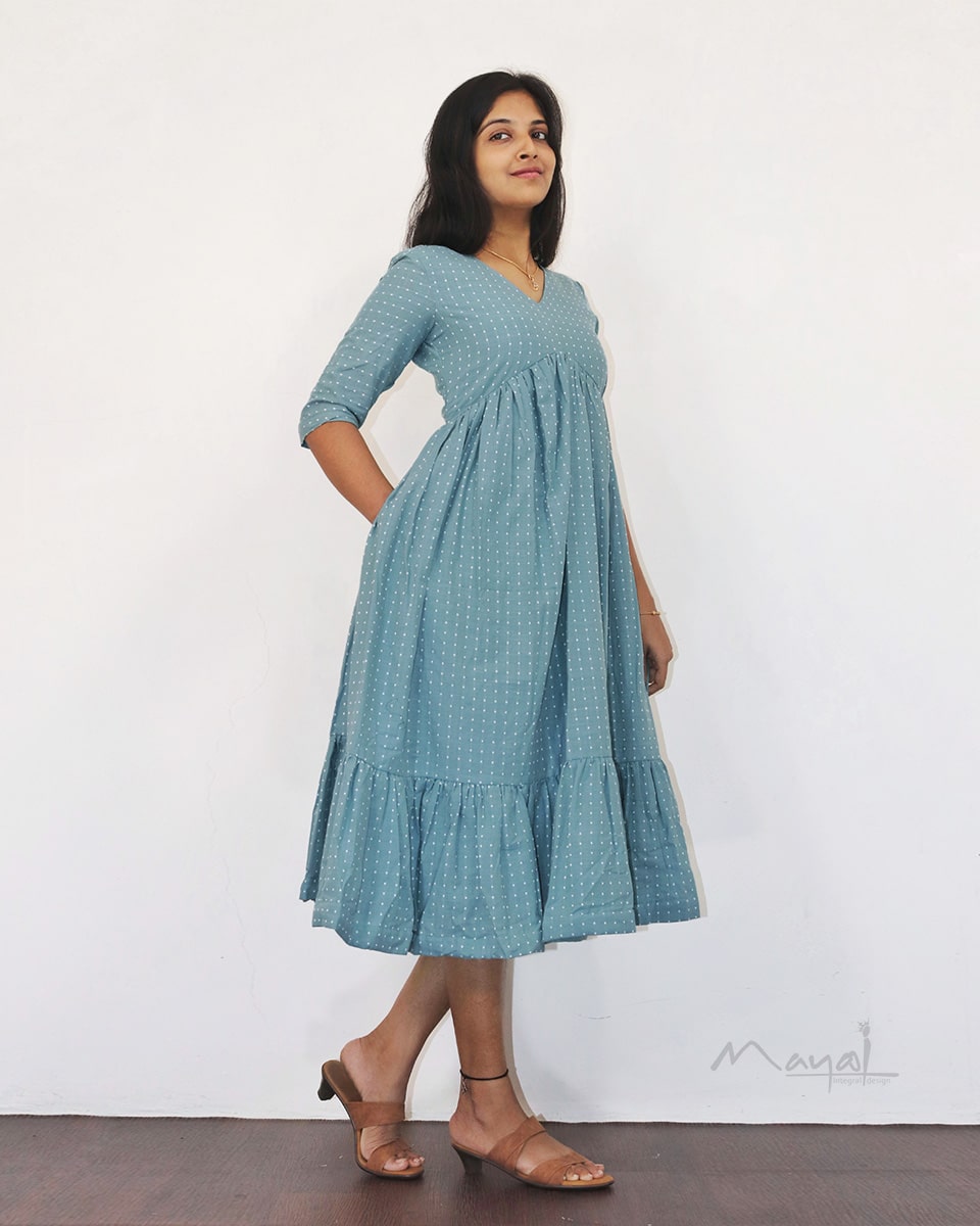 Frost Blue Self Design Two Tier Cotton Dresses