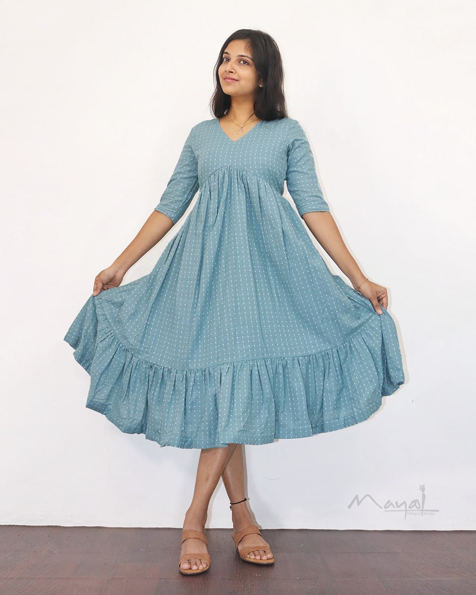 Frost Blue Self Design Two Tier Cotton Dresses