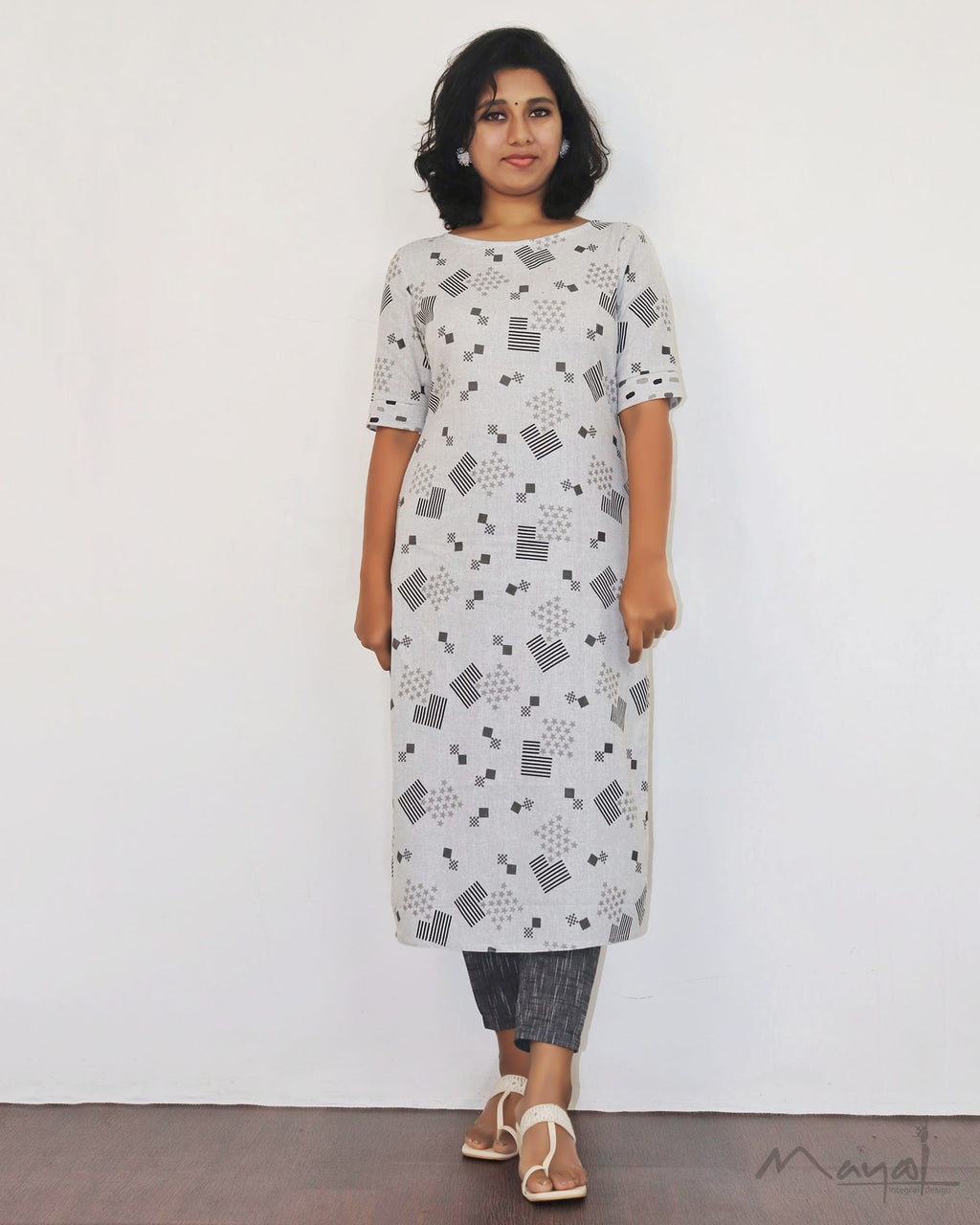 Light Grey Printed Cotton Kurta