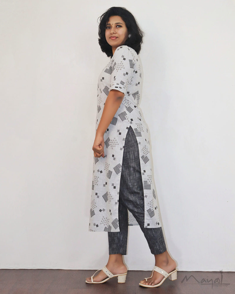 Light Grey Printed Cotton Kurta