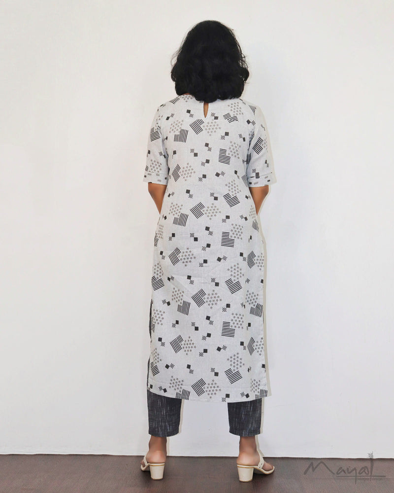 Light Grey Printed Cotton Kurta