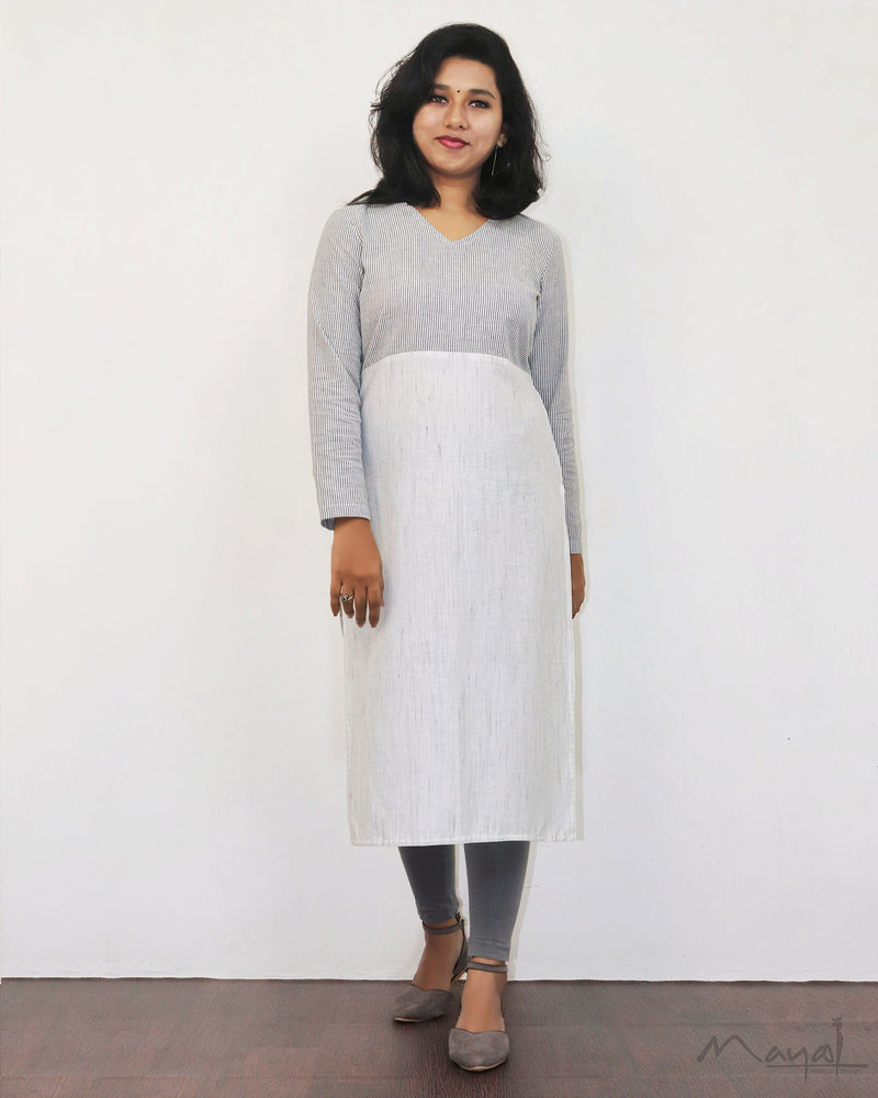 White Stripe Patchwork Cotton Kurta