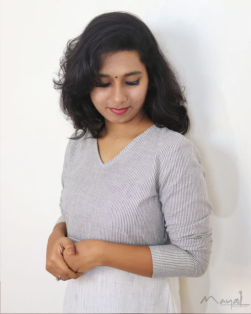 White Stripe Patchwork Cotton Kurta