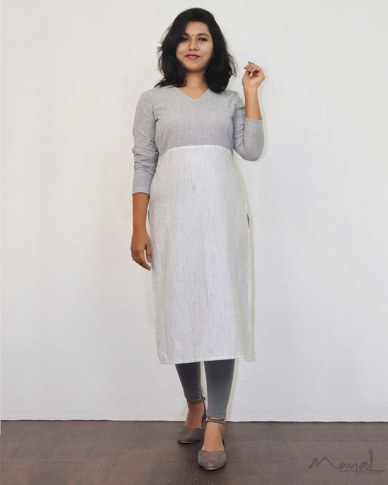 White Stripe Patchwork Cotton Kurta