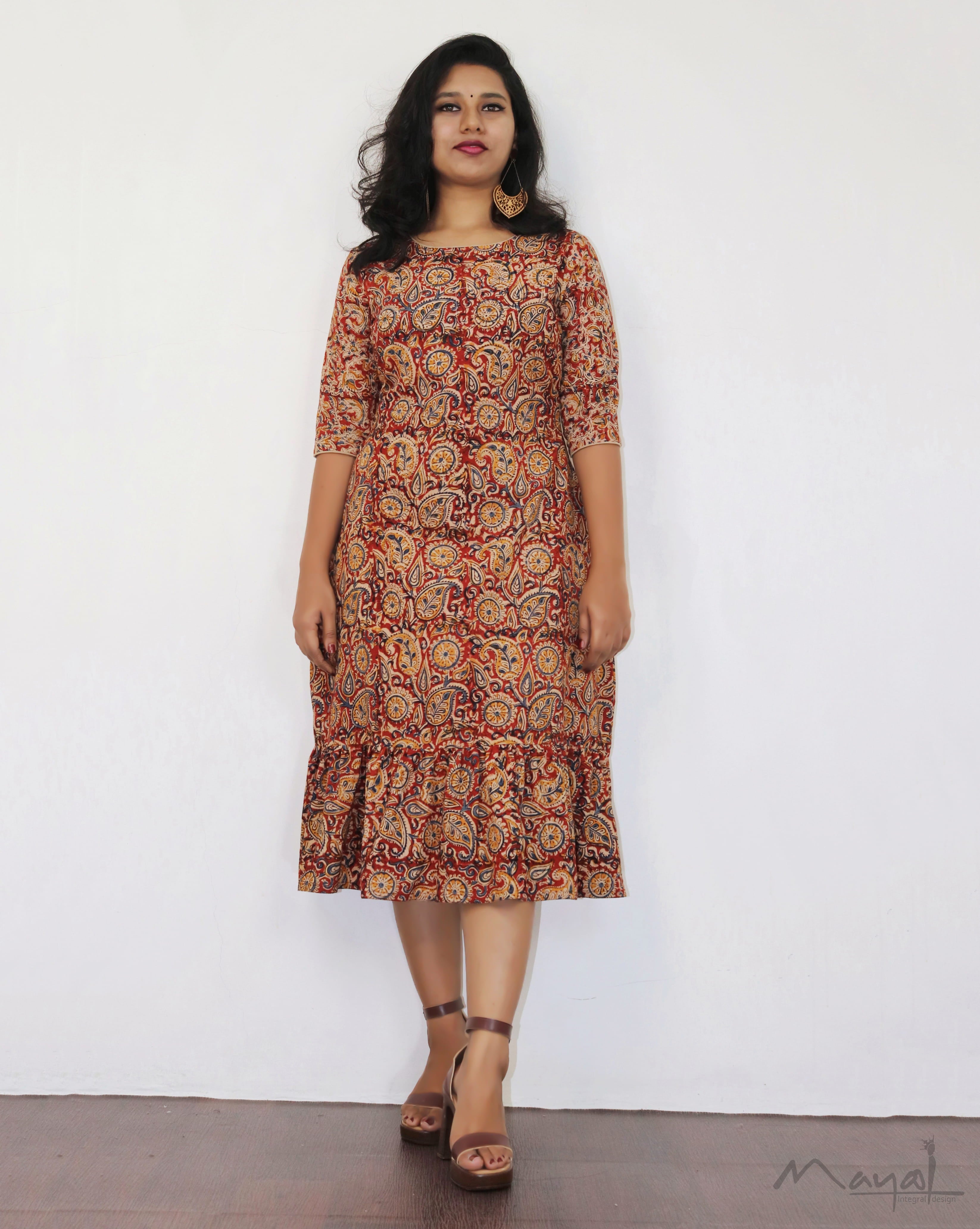 Red Kalamkari A-Line Dresses