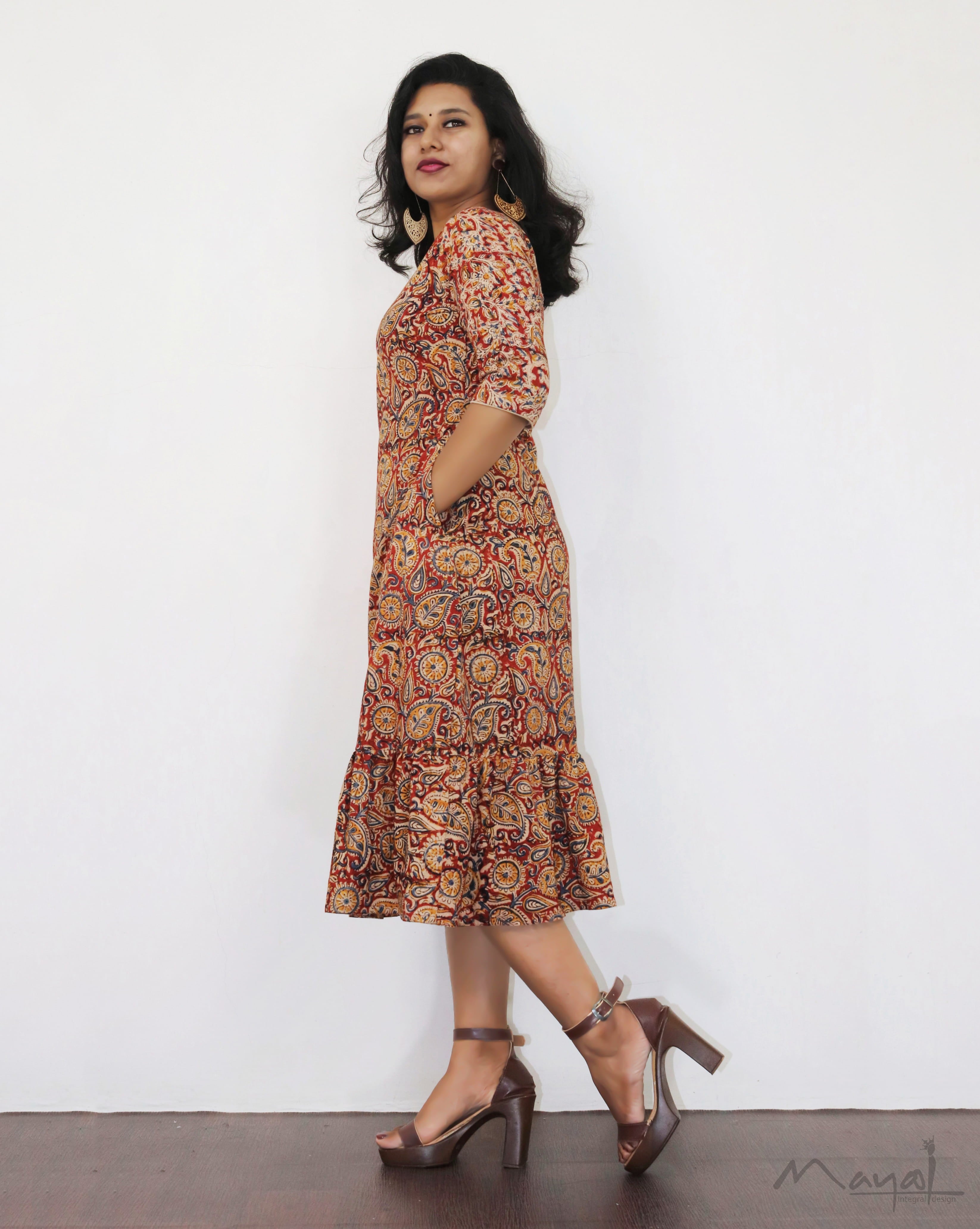Red Kalamkari A-Line Dresses