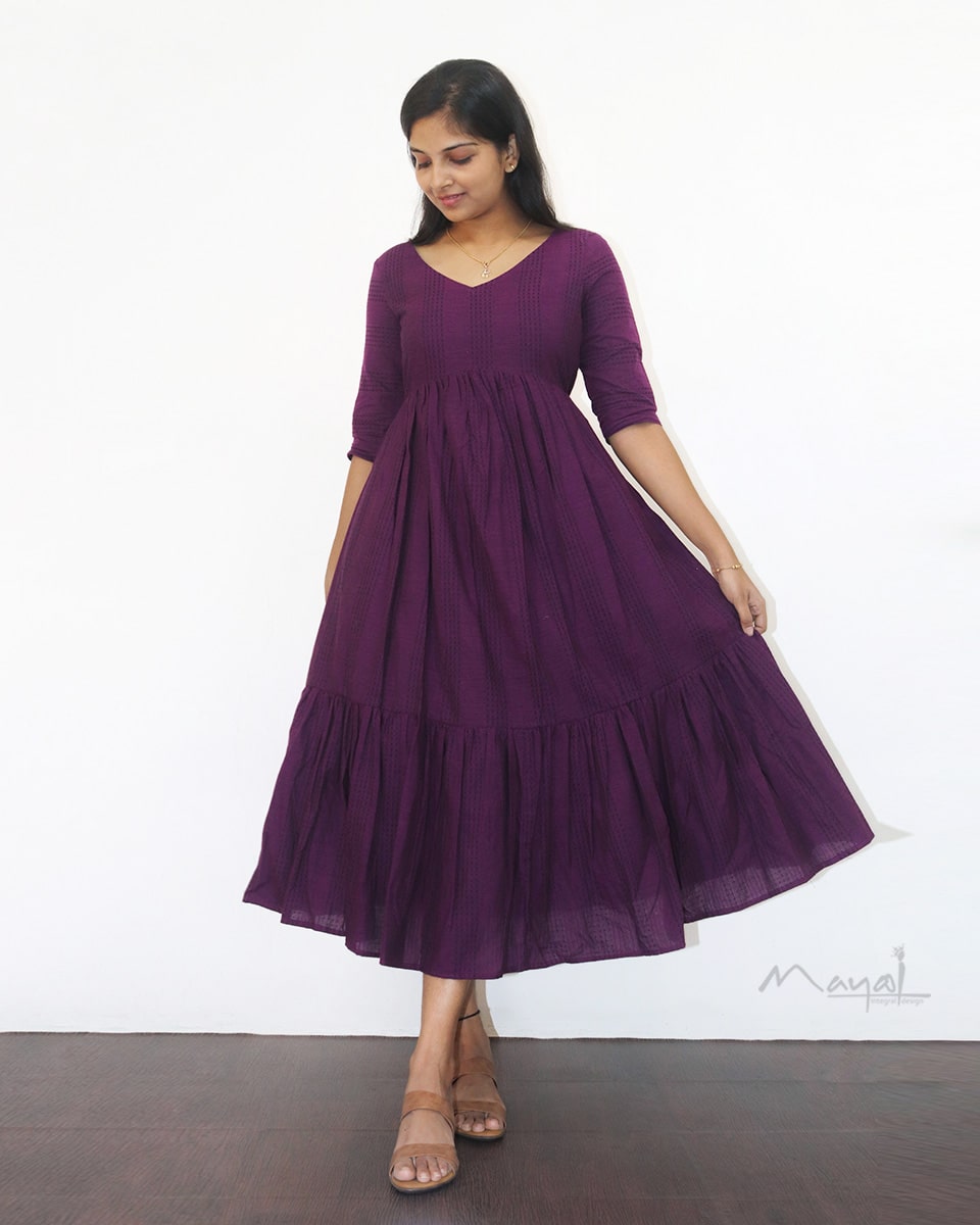 Midnight Purple Jacquard Two Tier Cotton Dresses