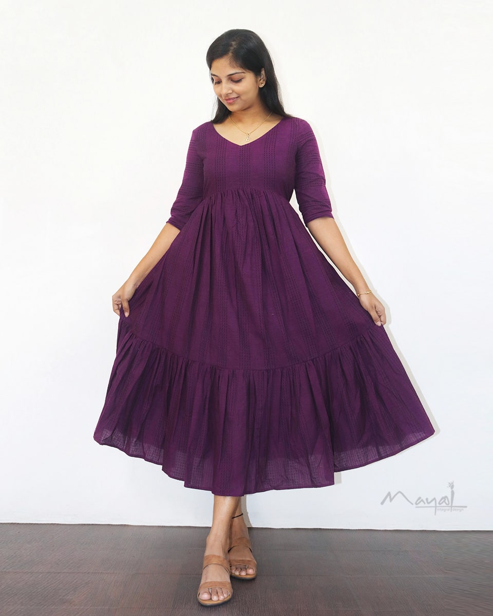 Midnight Purple Jacquard Two Tier Cotton Dresses