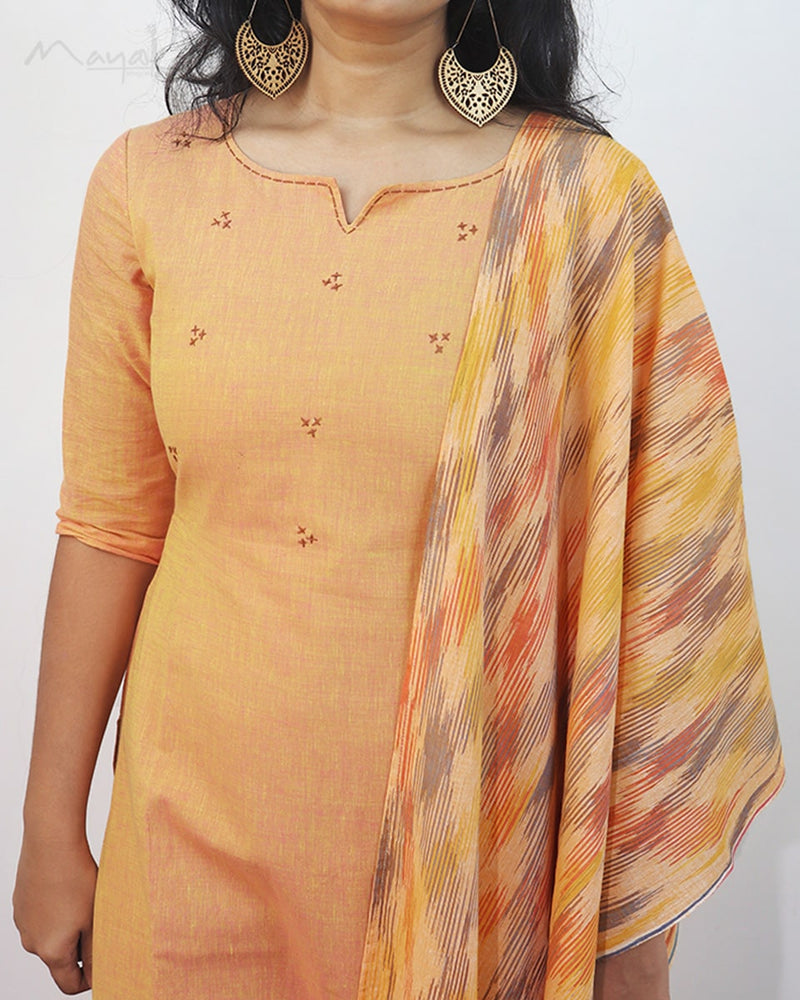 Mock Orange Cotton Kurta With Minimal Embroidery