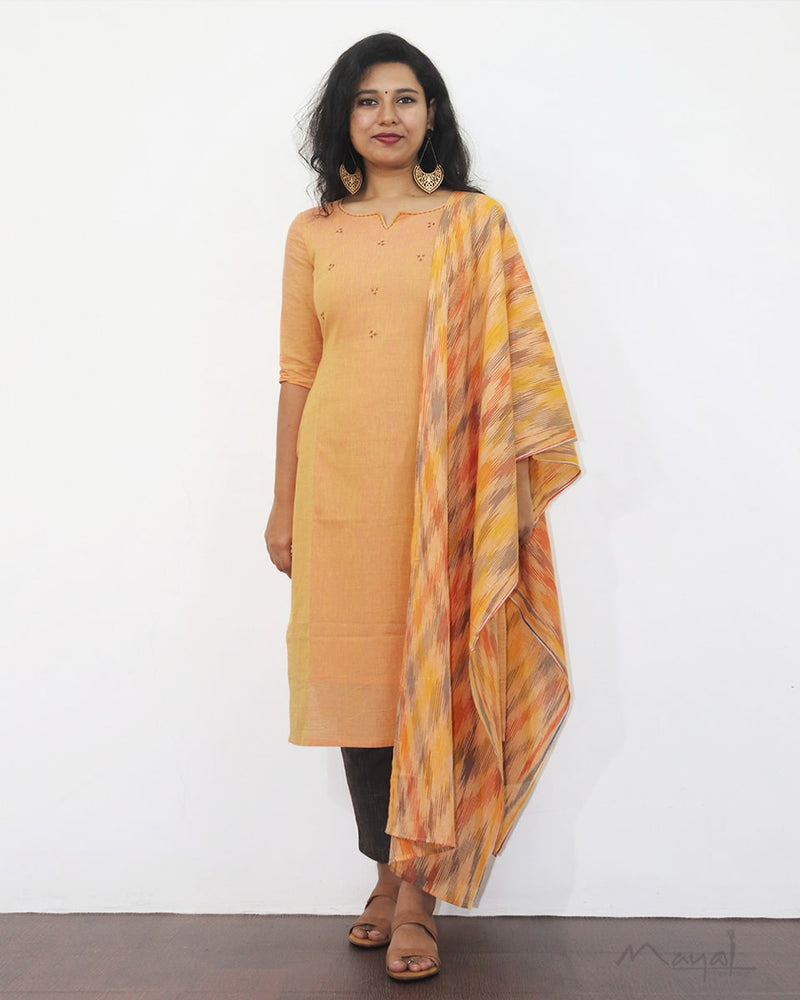 Mock Orange Cotton Kurta With Minimal Embroidery