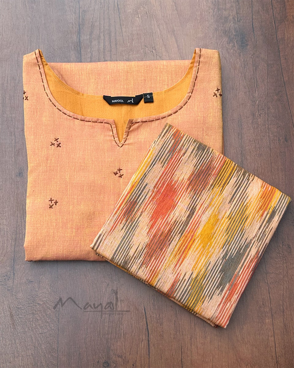 Mock Orange Cotton Kurta With Minimal Embroidery