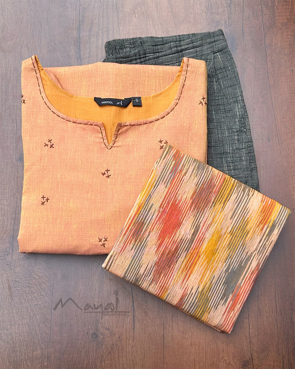 Mock Orange Cotton Kurta With Minimal Embroidery