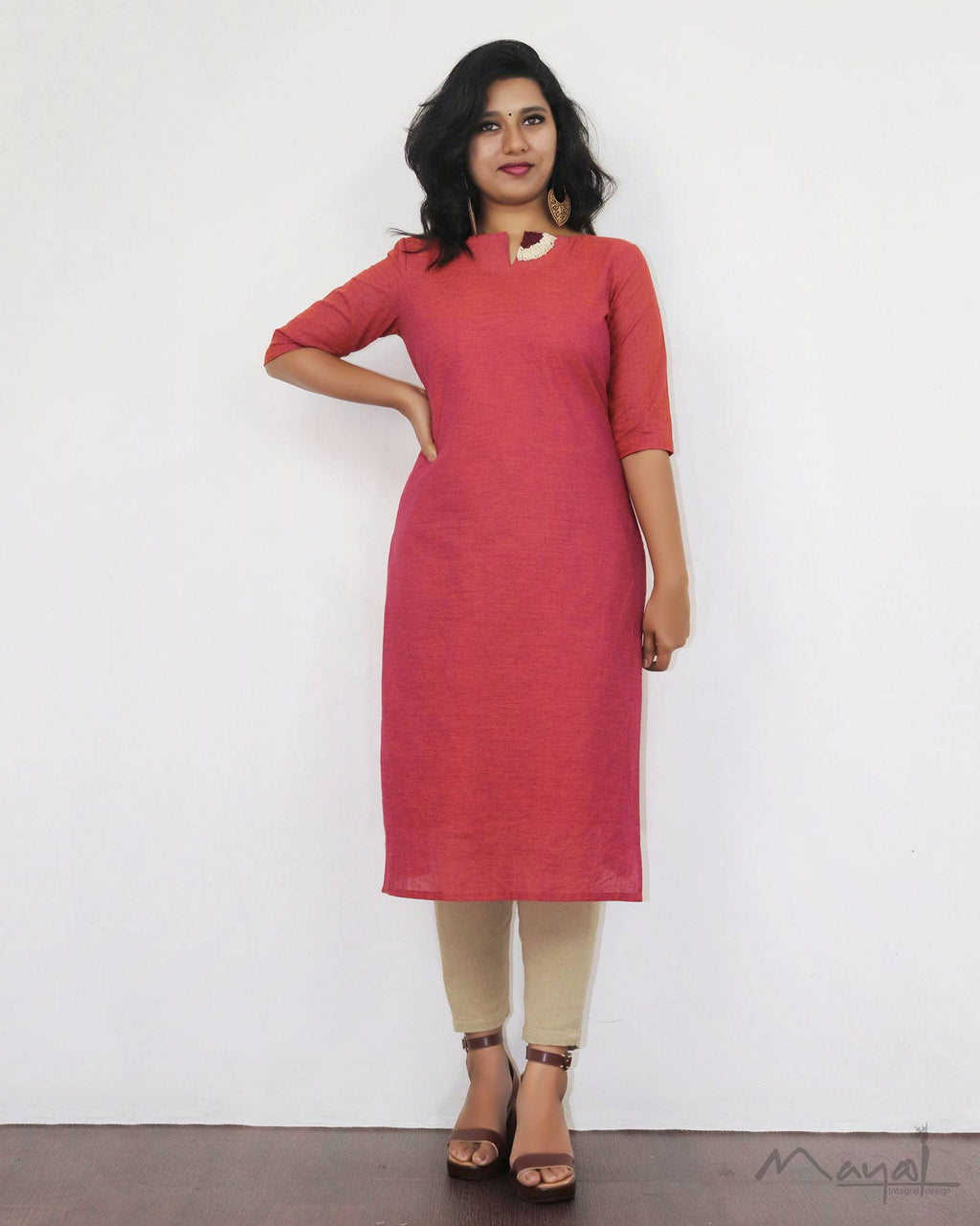 Orange Cotton Kurta With Minimal Embroidery