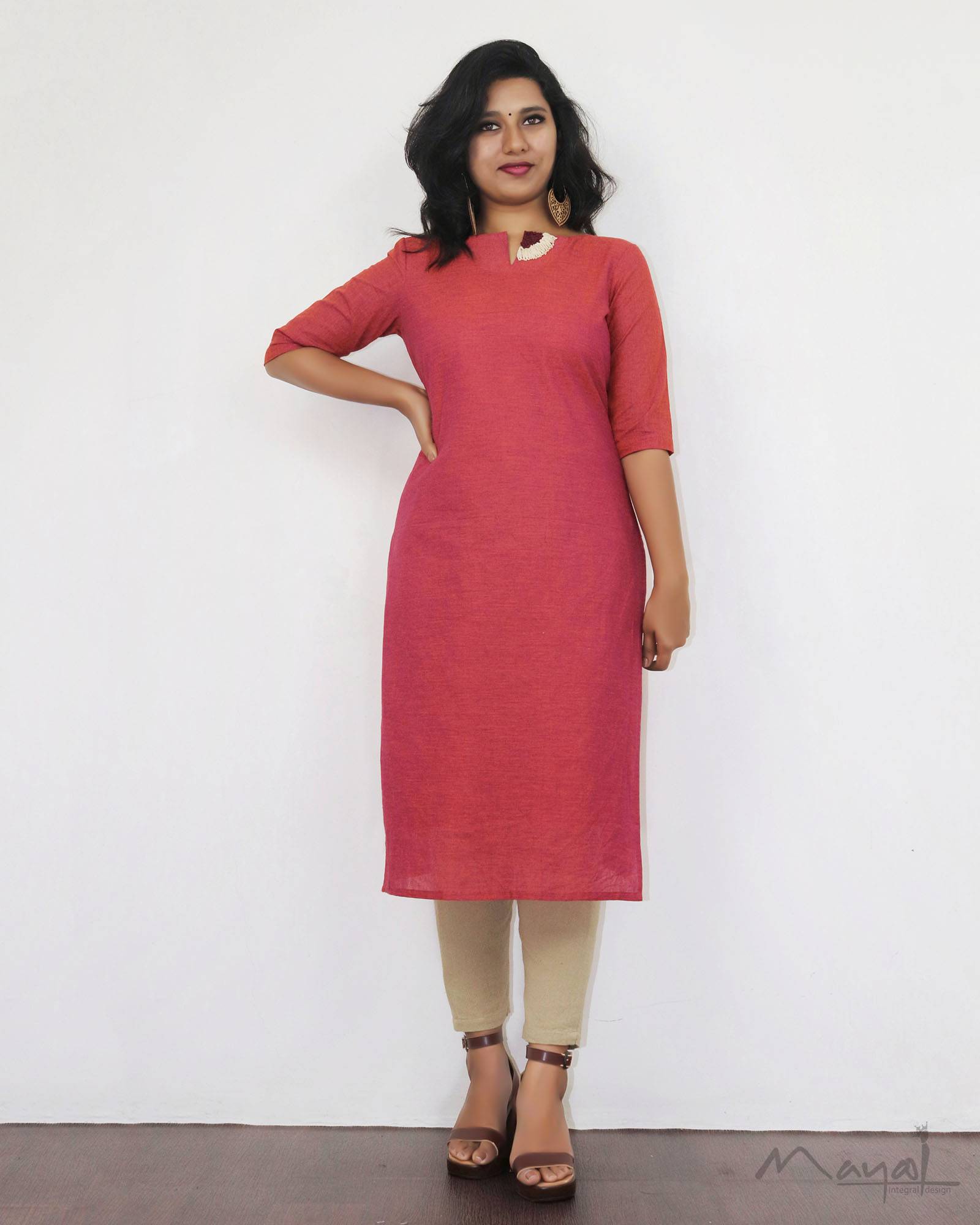 Orange Cotton Kurta With Minimal Embroidery