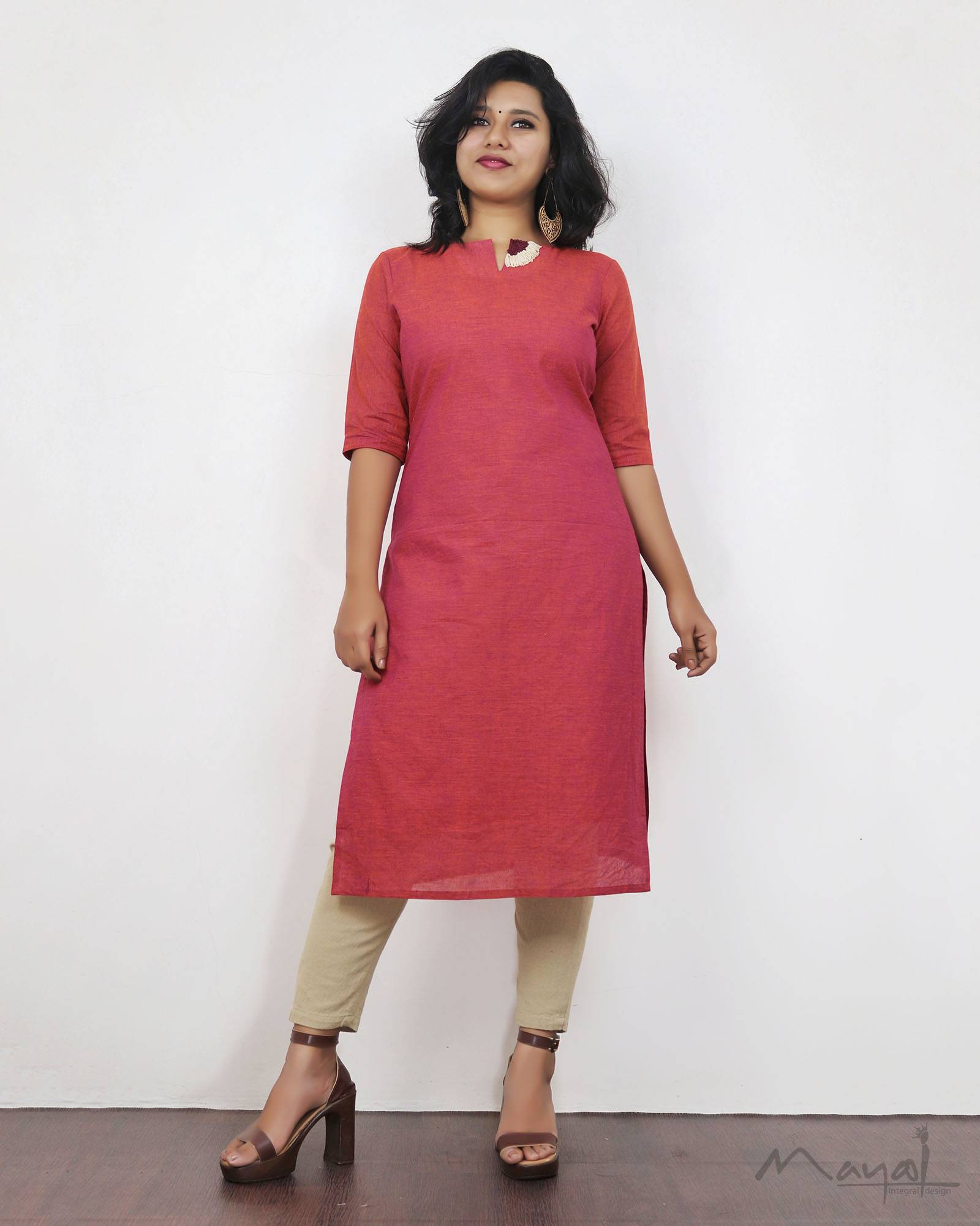 Orange Cotton Kurta With Minimal Embroidery