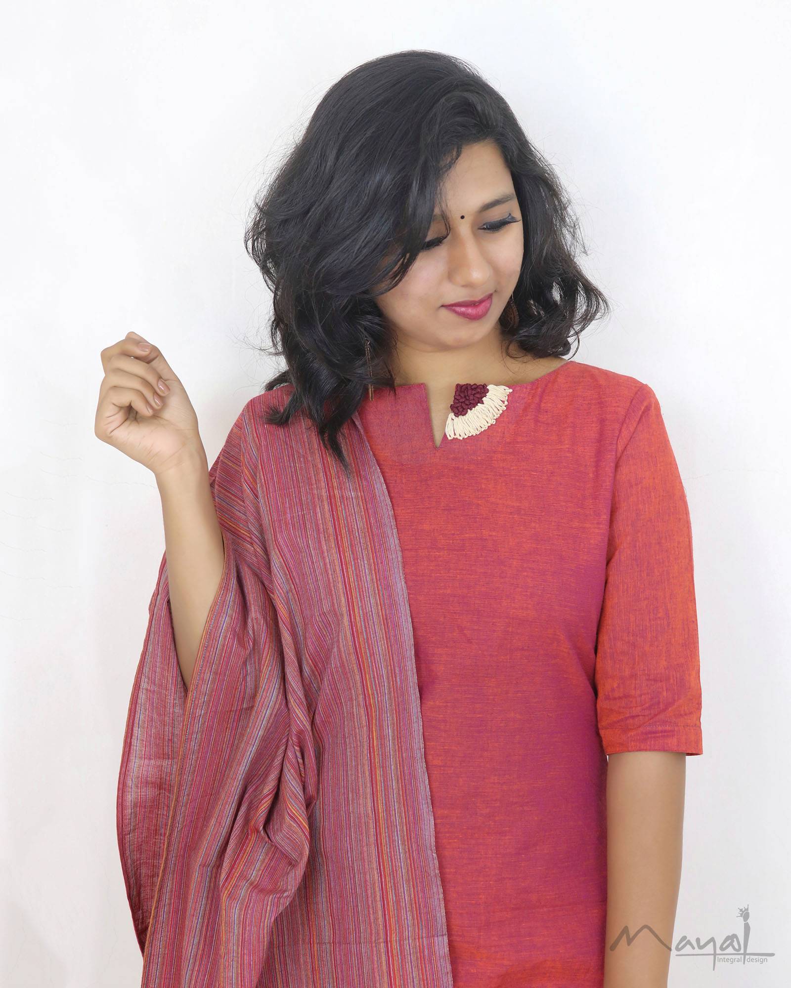 Orange Cotton Kurta With Minimal Embroidery