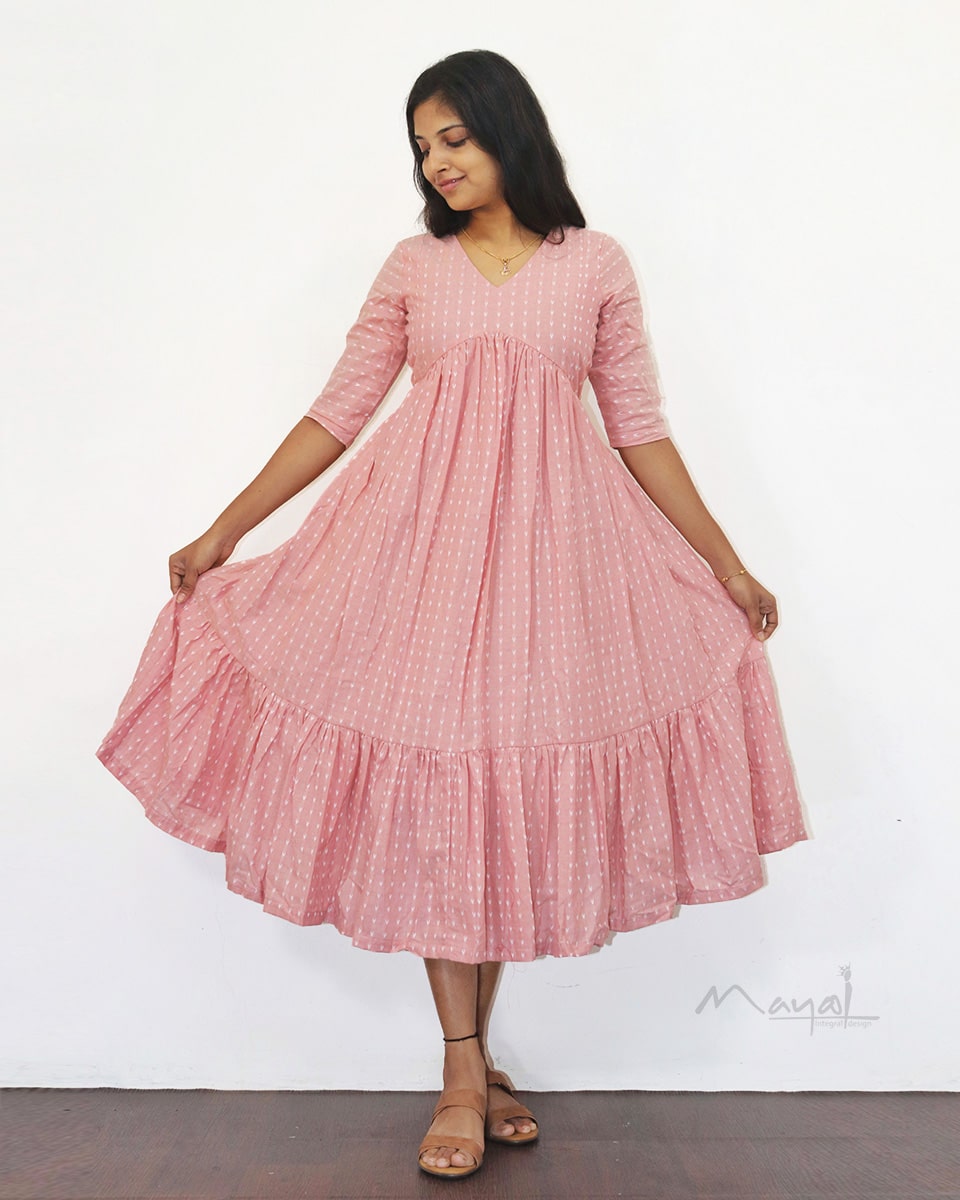 Peach Blossom Self Design Two Tier Cotton Dresses