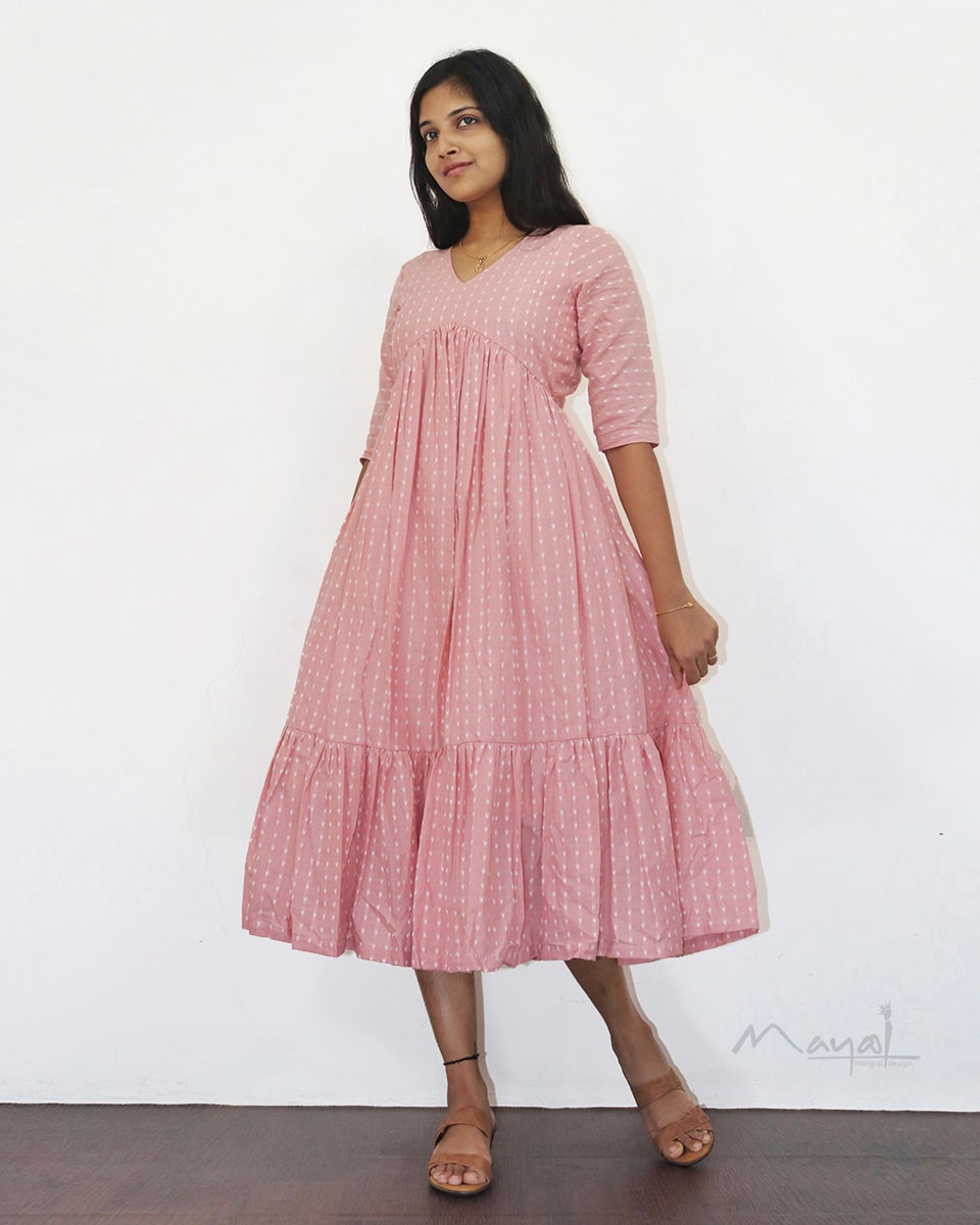 Peach Blossom Self Design Two Tier Cotton Dresses