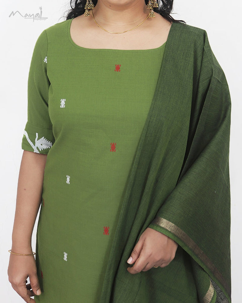 Pickle Green Jamdani Handloom Cotton Kurta
