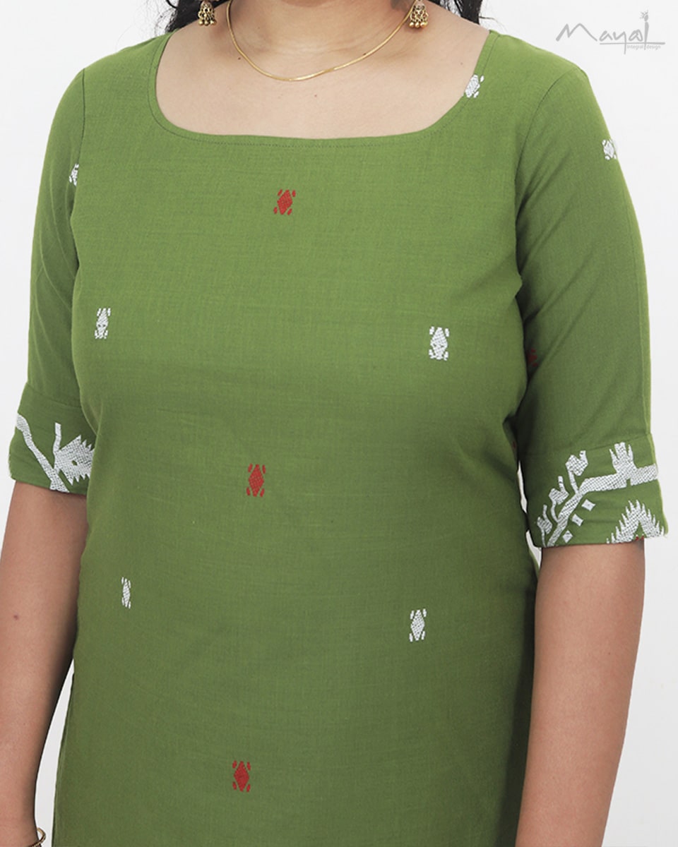 Pickle Green Jamdani Handloom Cotton Kurta
