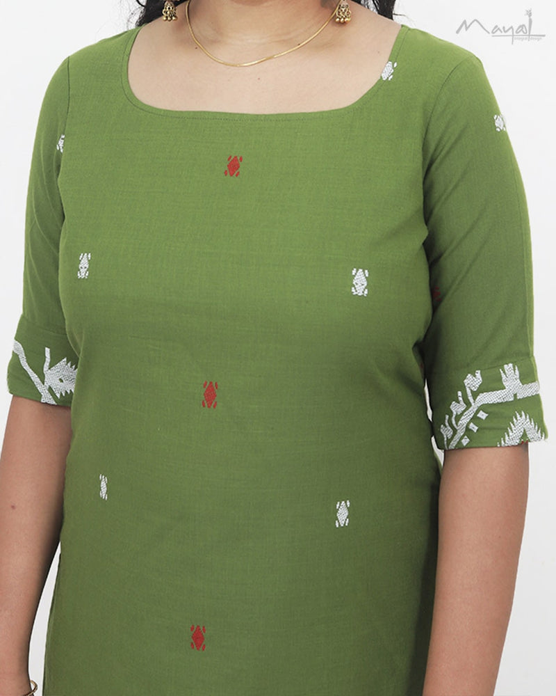 Pickle Green Jamdani Handloom Cotton Kurta