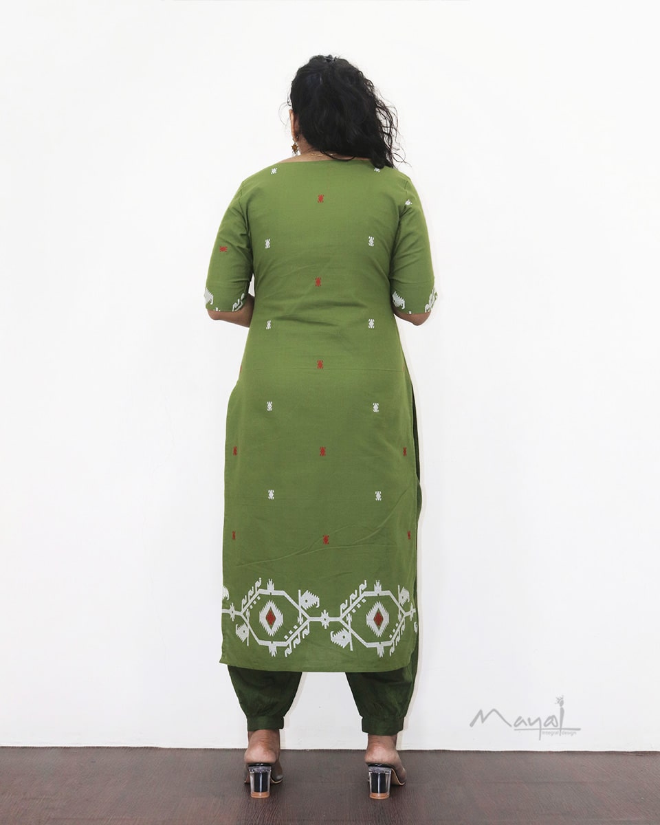 Pickle Green Jamdani Handloom Cotton Kurta