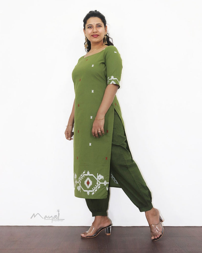 Pickle Green Jamdani Handloom Cotton Kurta