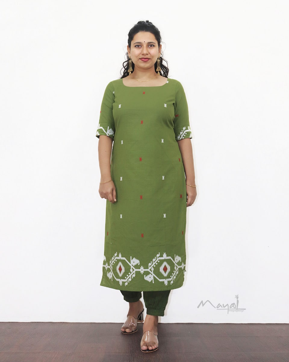 Pickle Green Jamdani Handloom Cotton Kurta