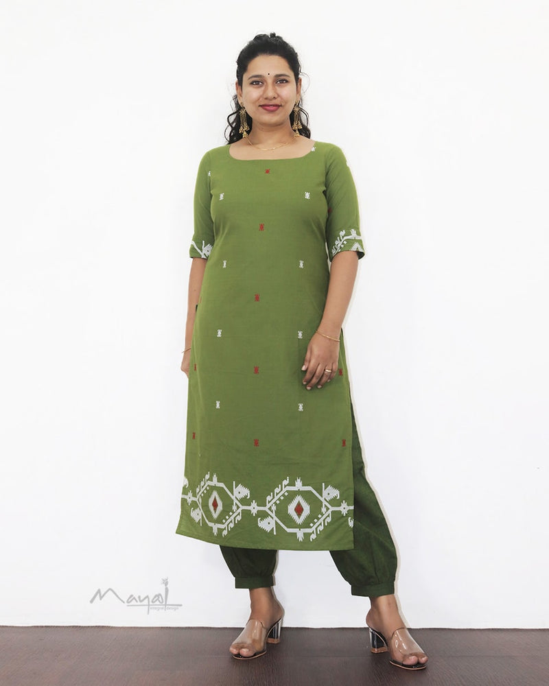 Pickle Green Jamdani Handloom Cotton Kurta