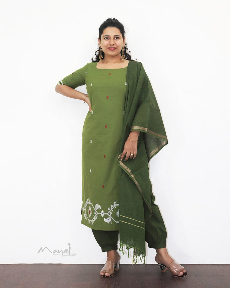 Pickle Green Jamdani Handloom Cotton Kurta