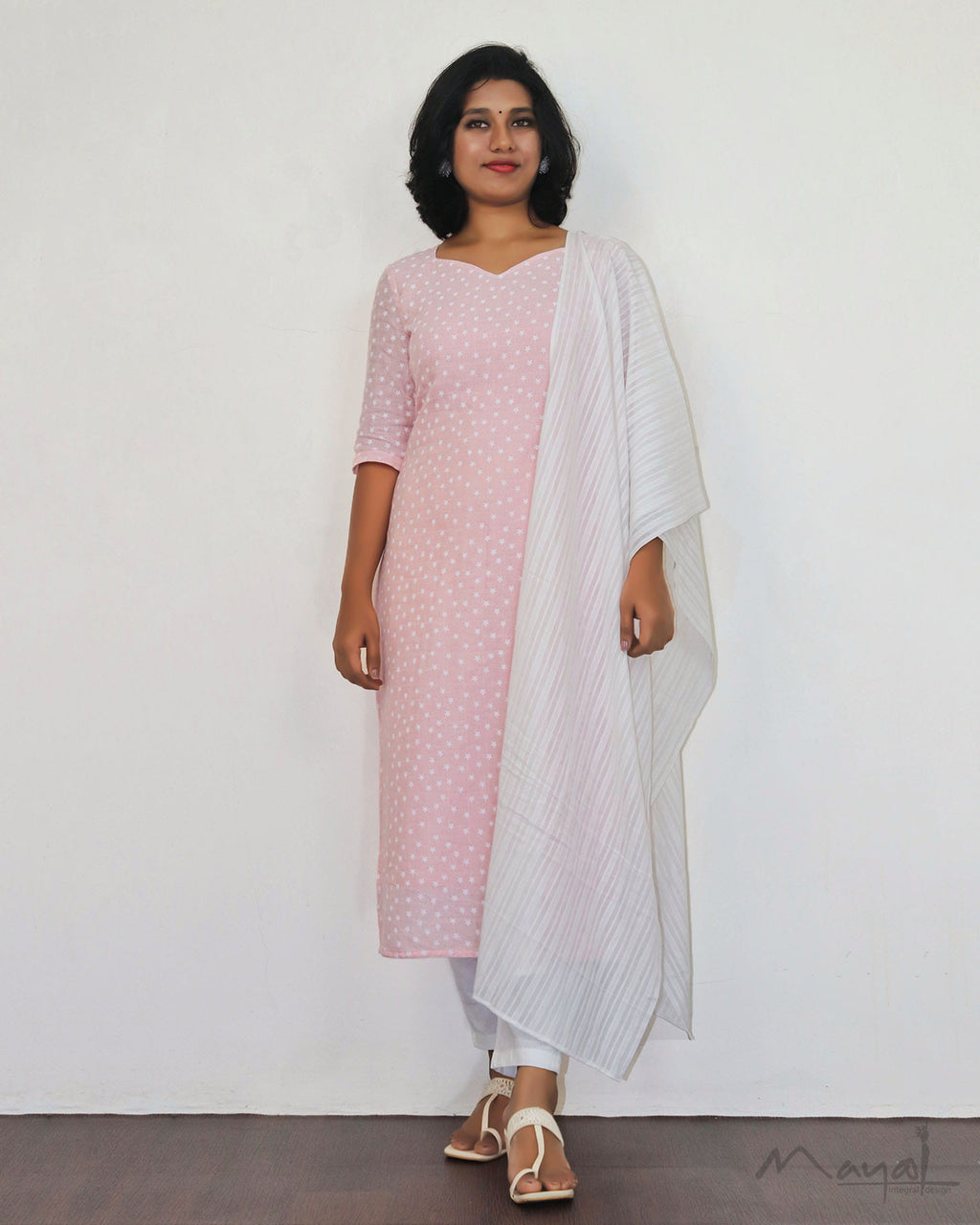Peach Pink Cotton Kurta With Dupatta