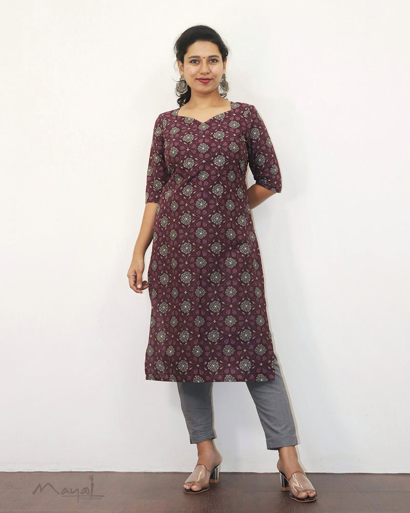 Plum Purple Printed Cotton Kurta