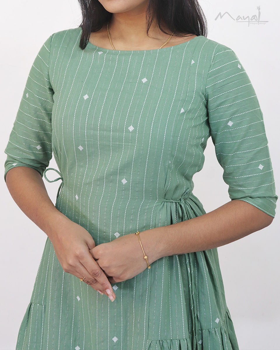 Sage Green Self Design A-line Cotton Dresses