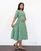 Sage Green Self Design A-line Cotton Dresses