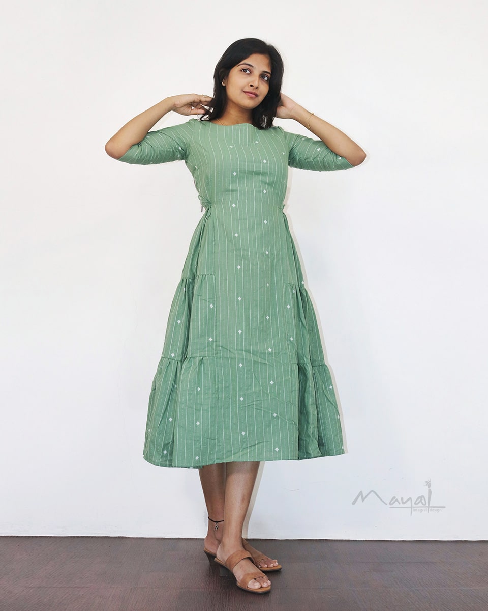 Sage Green Self Design A-line Cotton Dresses