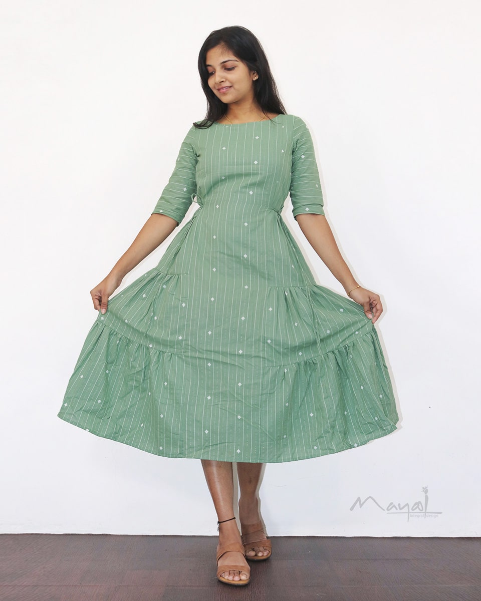 Sage Green Self Design A-line Cotton Dresses