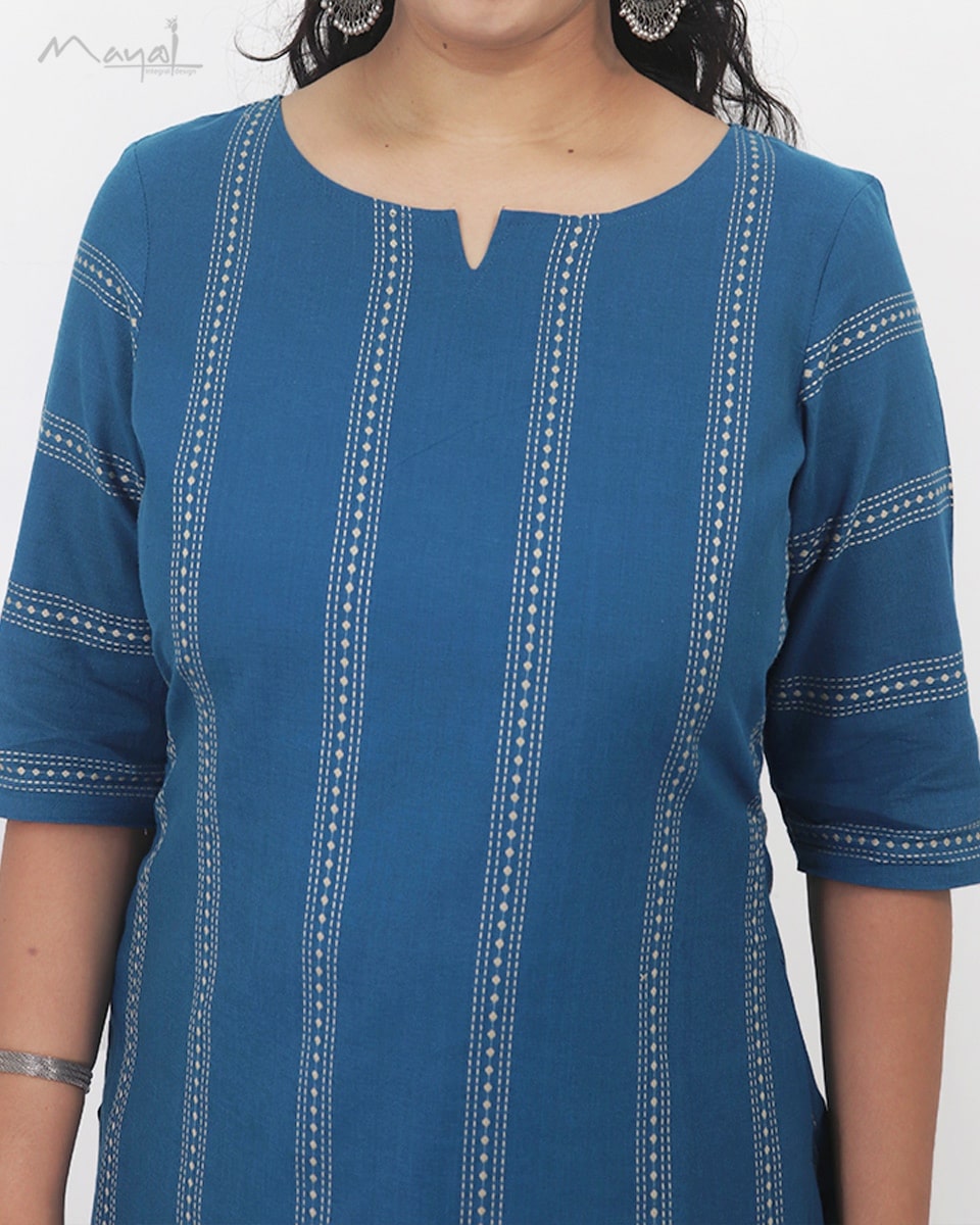 Sapphire Blue Self Design Jacquard Cotton Kurta
