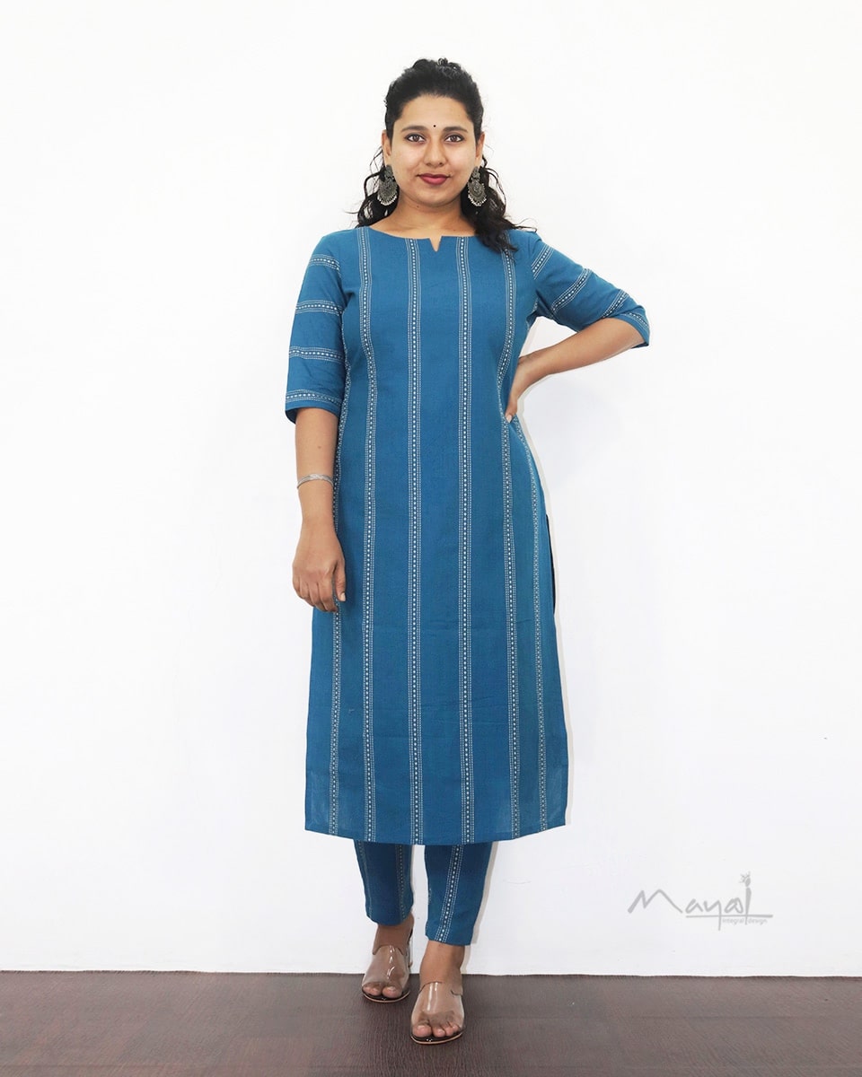 Sapphire Blue Self Design Jacquard Cotton Kurta