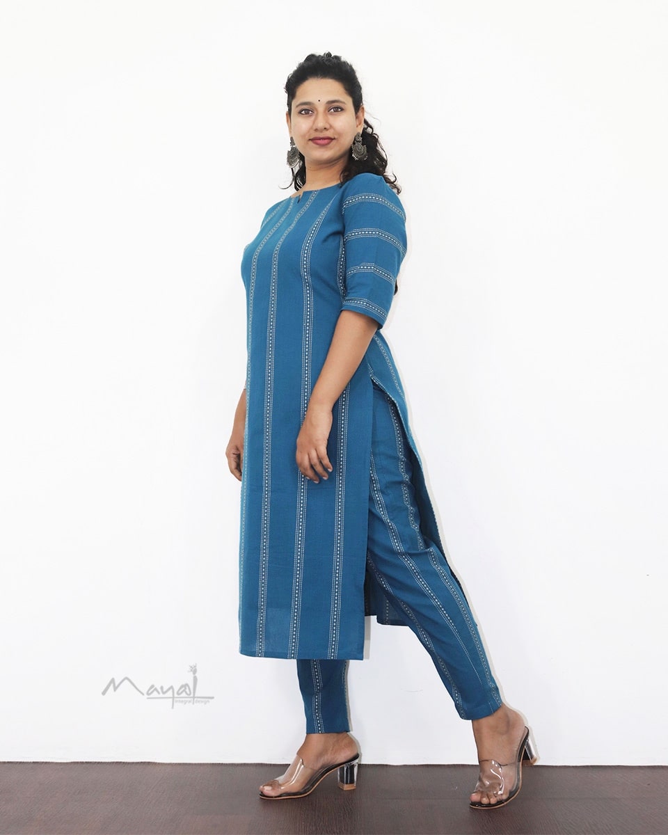 Sapphire Blue Self Design Jacquard Cotton Kurta
