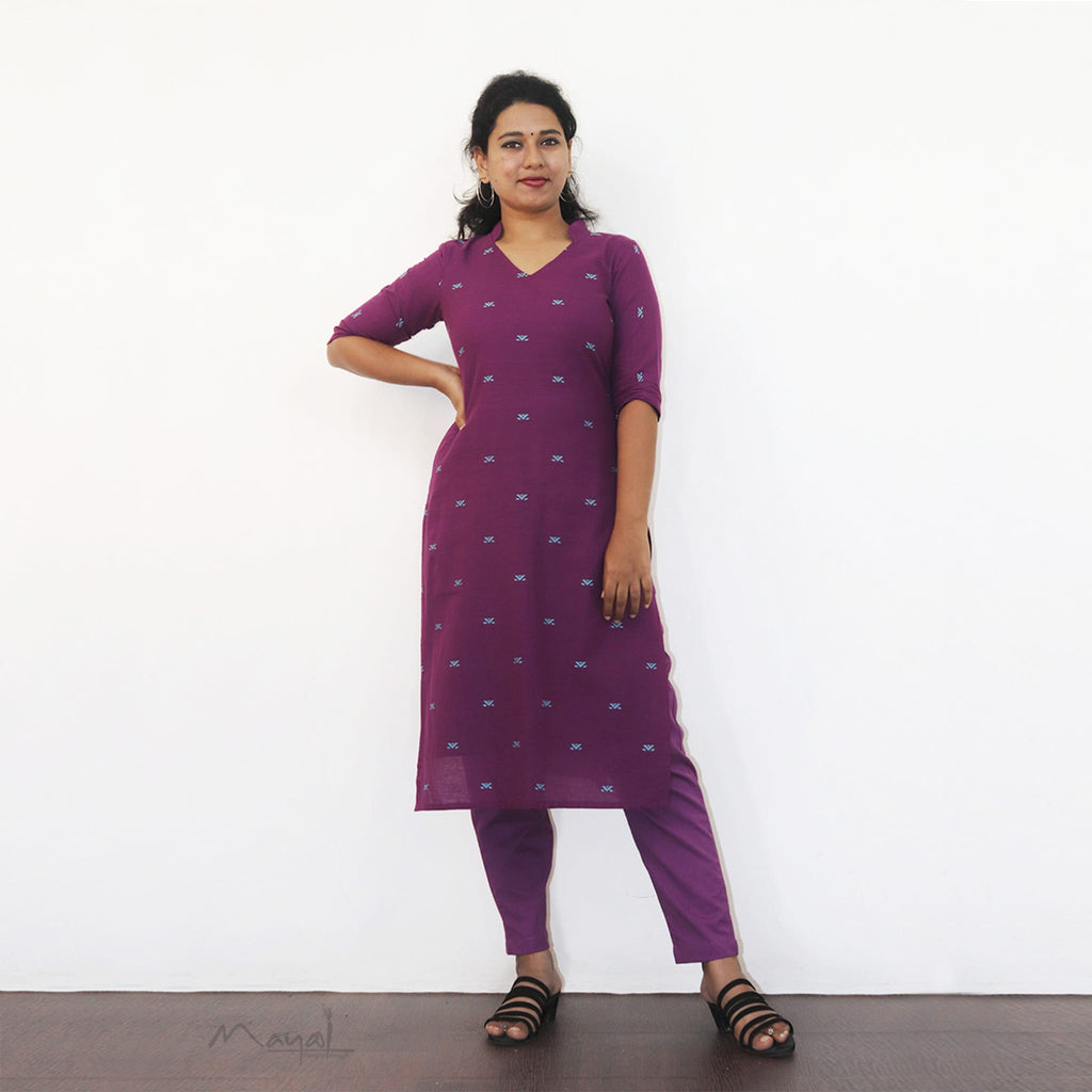 Violet Self Design Jacquard Cotton Kurta With Pant
