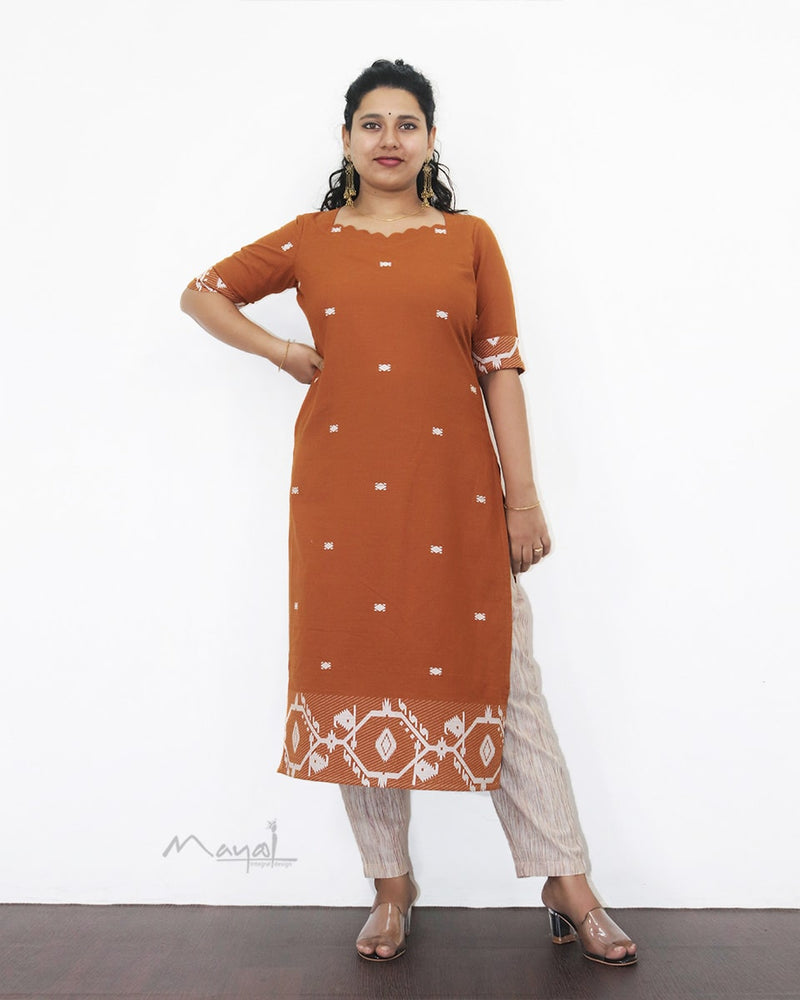 Yam Orange Jamdani Handloom Cotton Kurta