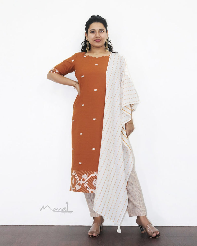 Yam Orange Jamdani Handloom Cotton Kurta