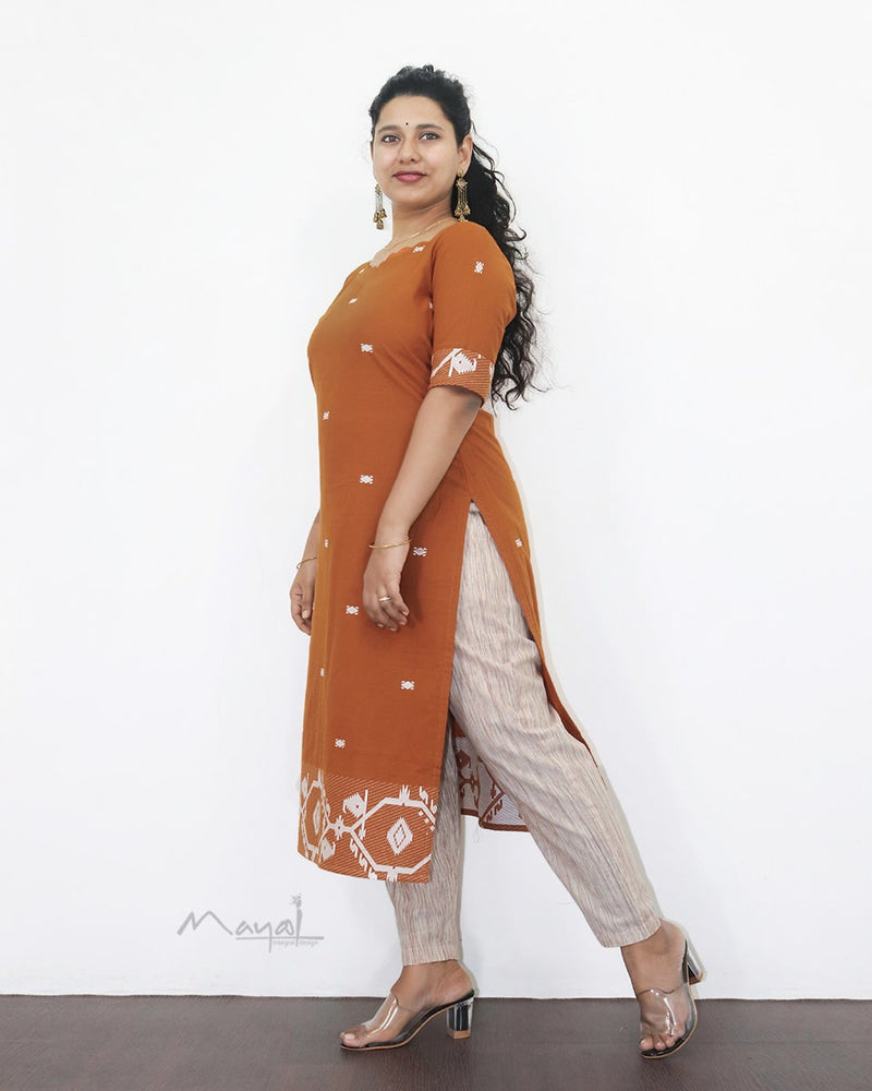 Yam Orange Jamdani Handloom Cotton Kurta