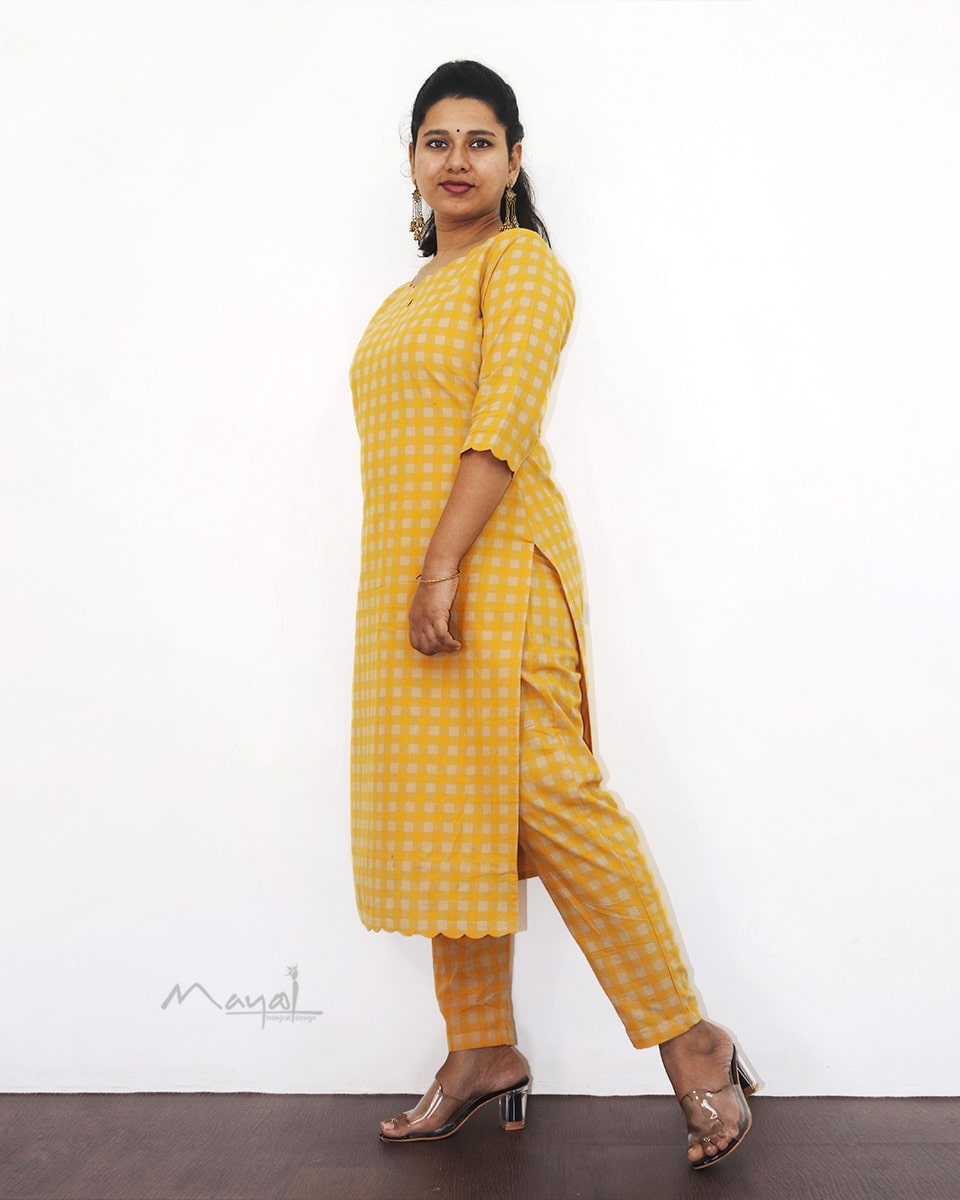 Yellow Checks Cotton Kurta